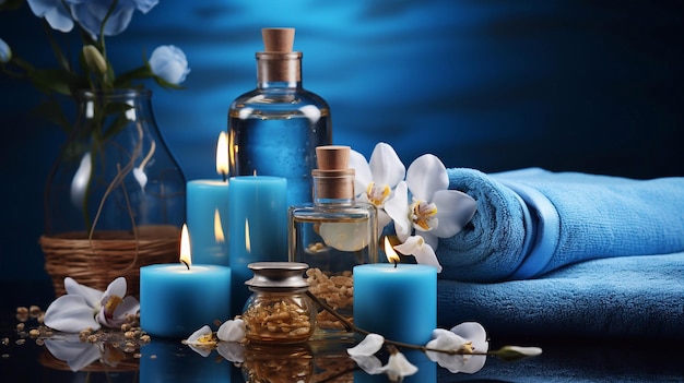 Cosmetics for body care Massage oils and Towels with candles and flowers Blue Generative AI