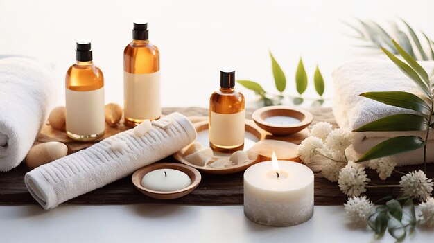 Cosmetics for body care Massage oils and Towels with candles and flowers Spa Generative AI