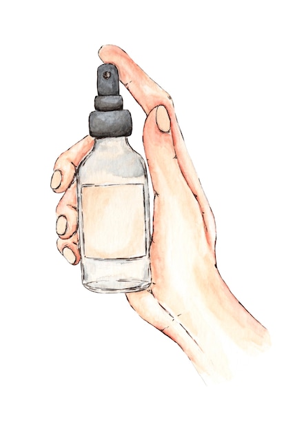 Cosmetics bottle with lotion in female hand painted in watercolor on a white background