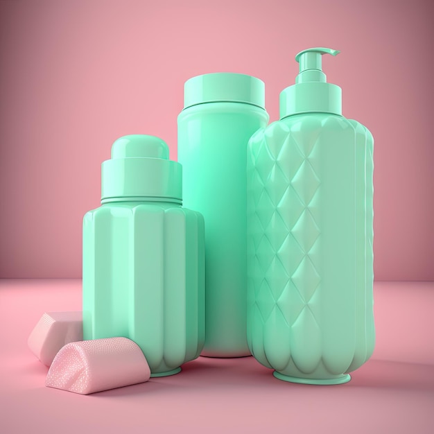 Cosmetics bottles mockup Empty green bottles on the pink background Generative AI