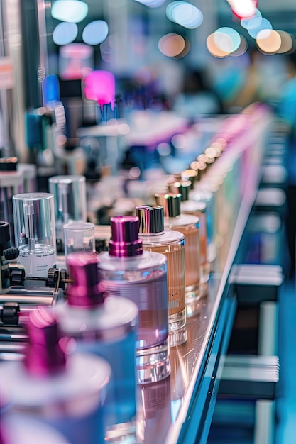 Photo cosmetics in bottles in production selective focus