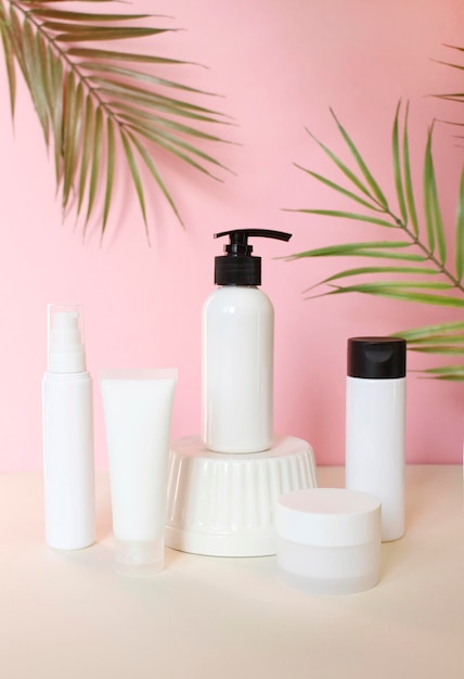 Cosmetics brand mockup on podium pedestal showcase Beauty cosmetic cream lotion stand background Selective focus mock up White packaging creme bottle