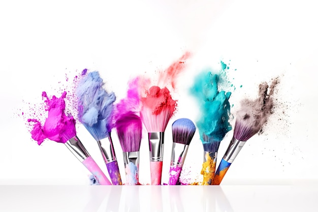 Cosmetics brushes and colorful makeup powder explosions on white background