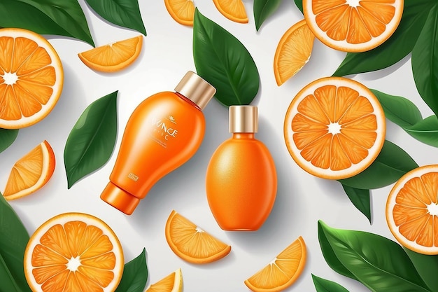 Cosmetics orange product Ads Vitamin c mock up with leaves and oranges element natural extract for organic body and face skin care brand advertisement