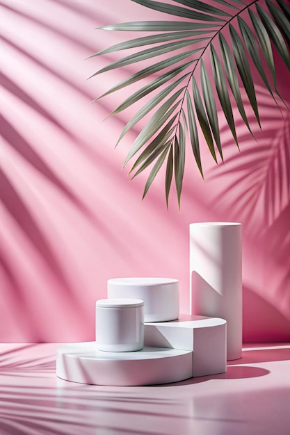 Photo cosmetics product advertising stand exhibition white podium with geometric shapes on a pink background with palm leaves and shadows empty pedestal to display product