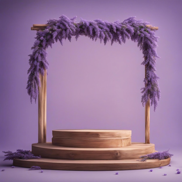 Cosmetics product advertising stand exhibition wooden podium on flower lavender color background