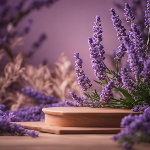 Cosmetics product advertising stand exhibition wooden podium on flower lavender color background