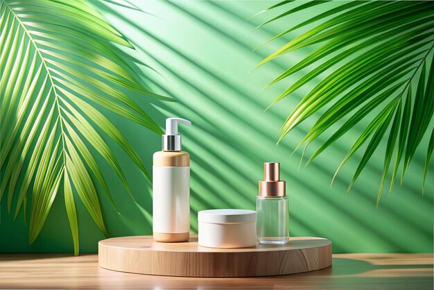 Cosmetics product advertising stand Exhibition wooden podium on green background with palm leaves and shadows Empty pedestal to display product packaging Mockup