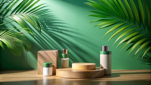 Photo cosmetics product advertising stand exhibition wooden podium on green background with palm leaves and shadows empty pedestal to display product packaging mockup