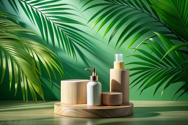 Cosmetics product advertising stand Exhibition wooden podium on green background with palm leaves and shadows Empty pedestal to display product packaging Mockup