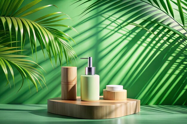 Cosmetics product advertising stand Exhibition wooden podium on green background with palm leaves and shadows Empty pedestal to display product packaging Mockup