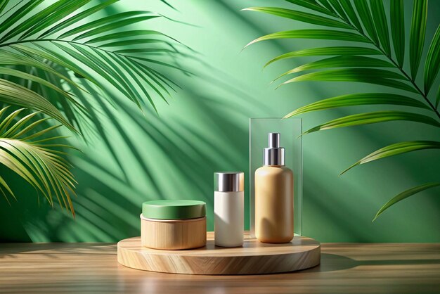 Cosmetics product advertising stand Exhibition wooden podium on green background with palm leaves and shadows Empty pedestal to display product packaging Mockup