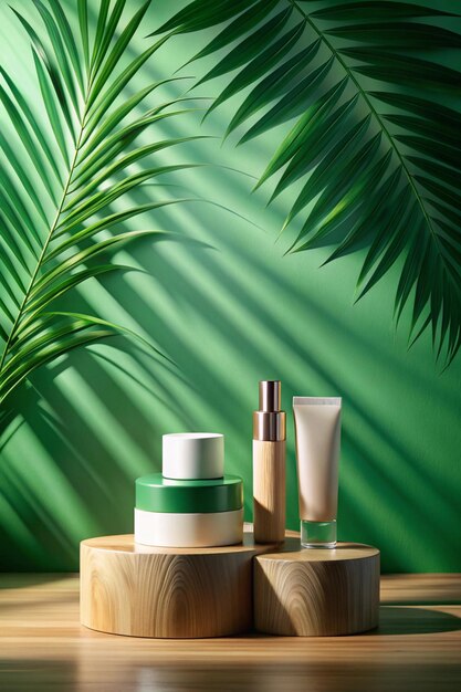 Photo cosmetics product advertising stand exhibition wooden podium on green background with palm leaves and shadows empty pedestal to display product packaging mockup