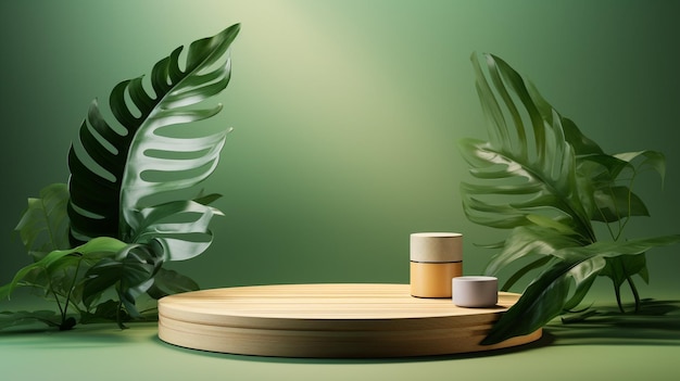 Cosmetics product stand woode green background plants