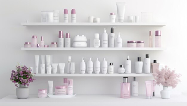 Photo cosmetics products on white shelves