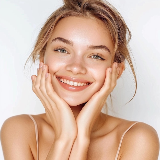 Photo cosmetics skincare concept photo woman with beautiful face touching healthy facial skin portrait