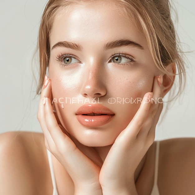 Photo cosmetics skincare concept photo woman with beautiful face touching healthy facial skin portrait