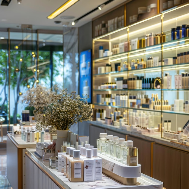 A cosmetics store counter with bestselling skincare products Soft lighting elegant decor aar 64 Job ID 8f71874efbb5428ab6f8a8a8c4d07602