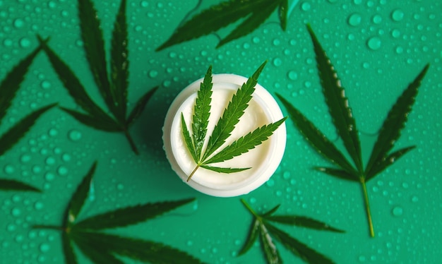 Cosmetics with cannabis extract on a wet background Selective focus