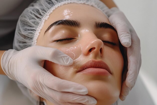 Photo cosmetologist applying mask on young womans face in beauty salon closeup