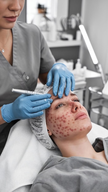 A cosmetologist cleanses the skin of a beauty salon client before the procedure and facial massage