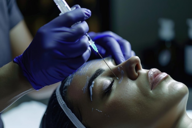 Cosmetologist performs mesotherapy injection for facial rejuvenation at spa