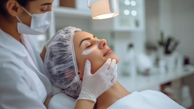 Cosmetologist treating client skin facial treatment professional