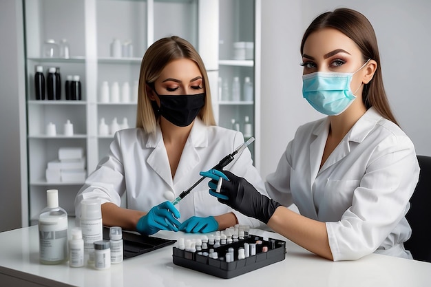 Cosmetologist wearing black gloves face mask and white uniform sitting at the table during process of filling syringe with plasma from a blood tube Beauty salon Concept of modern beauty treatment