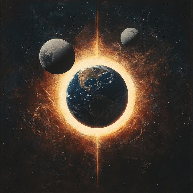 Photo cosmic alignment solar eclipse with baroque and retro futurism style