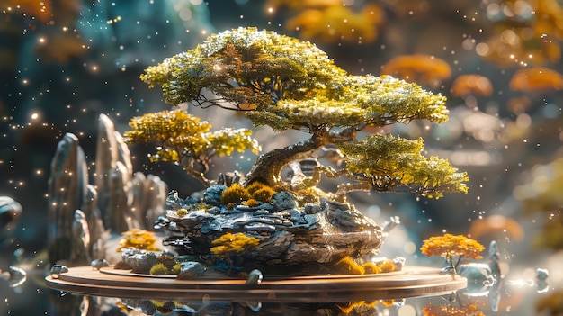 Photo cosmic bonsai garden miniature trees suspended in microgravity futuristic digital artwork