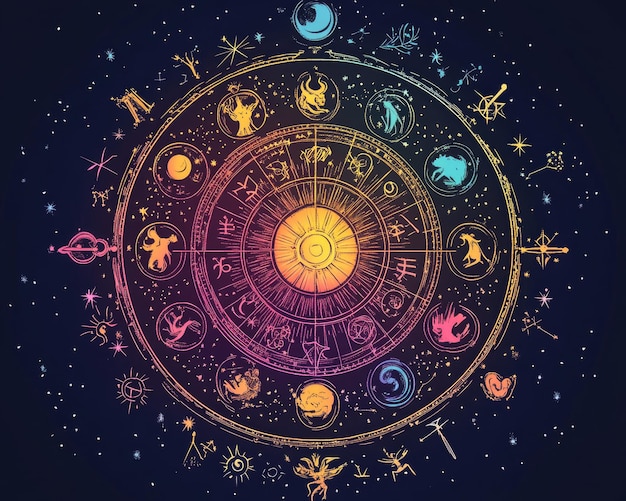 Cosmic Cartoon Zodiac Colorful Astrology Wheel with Celestial Symbols and Signs