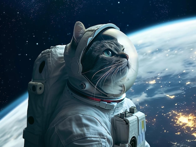 Cosmic Cat Astronaut Over Earth