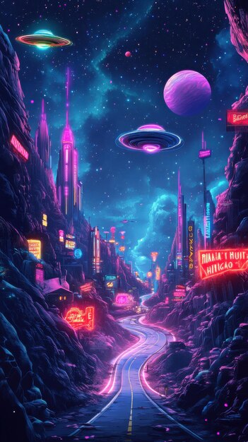 Photo cosmic city with neon lights and floating planets