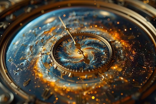 Photo a cosmic clock with hands bending through the fabric of space time stars and galaxies swirling around its frame capturing the essence of a universe in motion