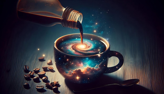 Cosmic CoffeeA cup of coffee with a swirling galaxy inside created by pouring coffee from a bottle