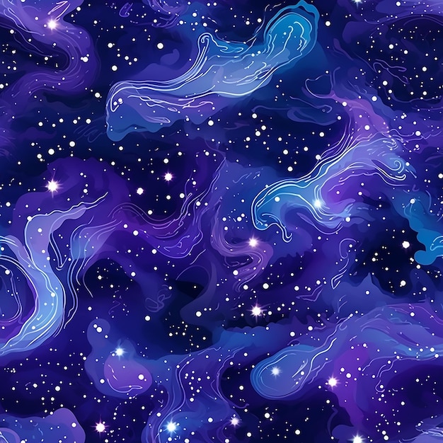 Photo cosmic constellations and galaxies in mystical blues and purples seamless pattern