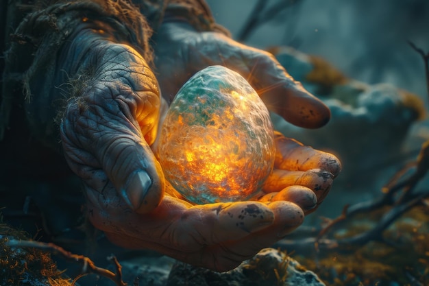 The cosmic egg in the hands of a giant deity cradling it gently as life begins to emerge from within