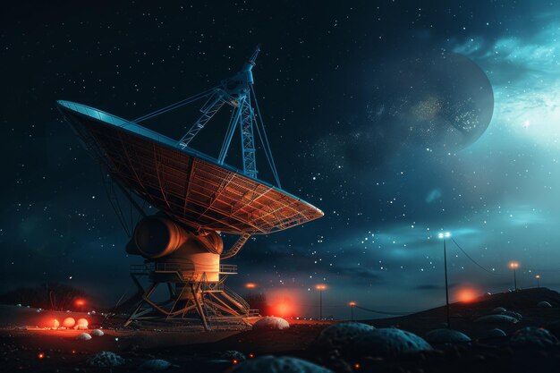 Photo cosmic exploration beacon a radio telescope under a moonlit scifi nightscape