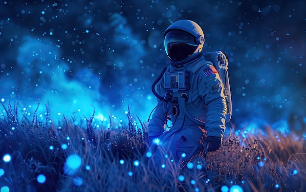 Cosmic Explorer astronaut exploration space suit alien landscape blue glow flora particles discovery unknown cosmic explorer otherworldly mysterious solitude futuristic galaxy