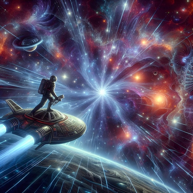 The cosmic explorer traverses the intergalactic void on a starship amidst a cascade of cosmic radia