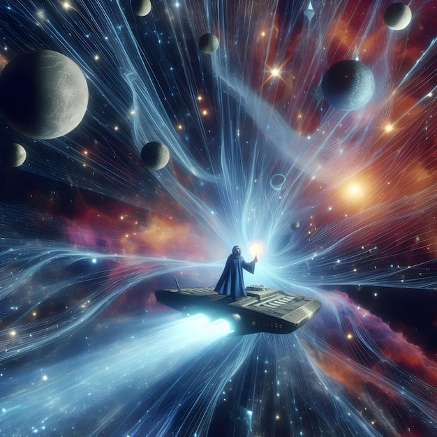 The cosmic explorer traverses the intergalactic void on a starship amidst a cascade of cosmic radia