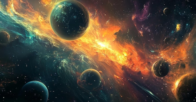 Photo cosmic explosion in the vast multicolored universe with planets and celestial objects