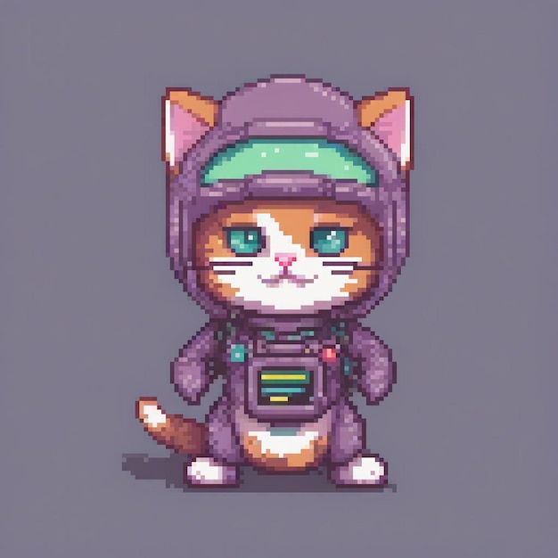 Cosmic feline in a space suit pixel art style