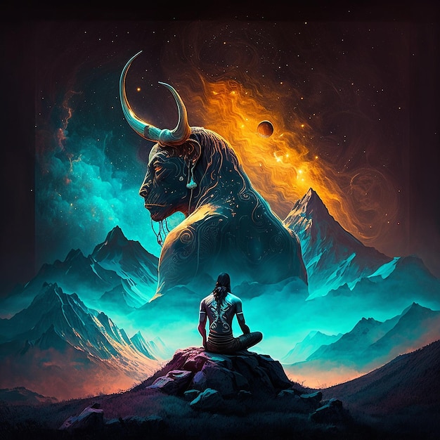 The cosmic figure of shiva with his OX sits in space with top of mountains AI Generated Image