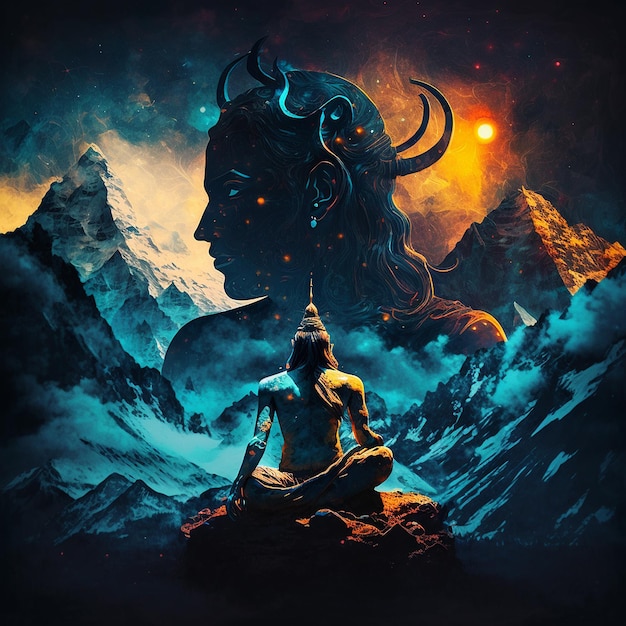 The cosmic figure of shiva with his OX sits in space with top of mountains AI Generated Image