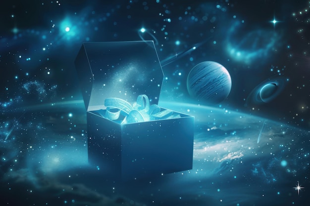 Cosmic Gift Box in a Starry Galaxy A Magical Surprise with Glowing Light and Celestial Atmosphere