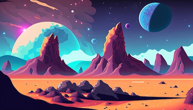 Cosmic ground alien planet deserted landscape with mountains and rocks