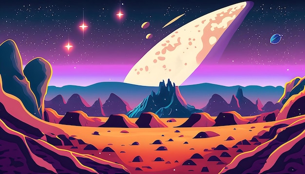 Cosmic ground alien planet deserted landscape with mountains and rocks