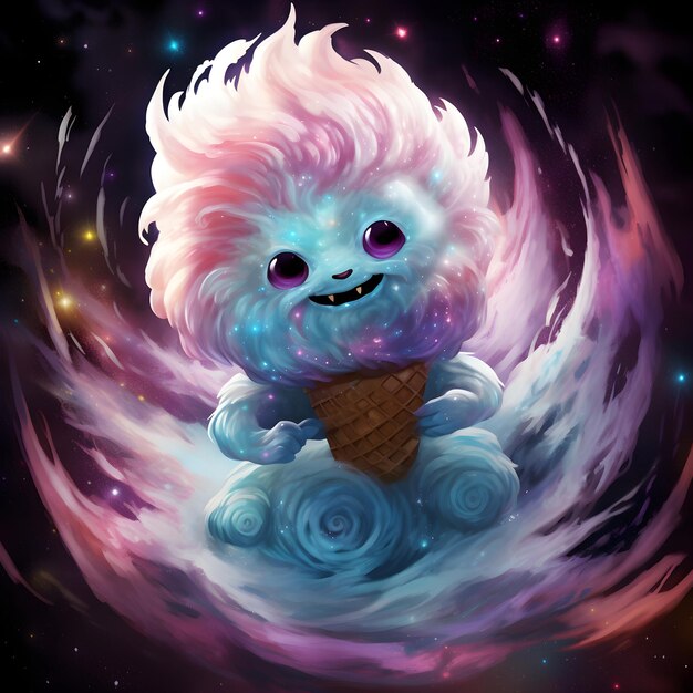 A cosmic ice cream monster with swirling galaxies in its vanilla swirl fur