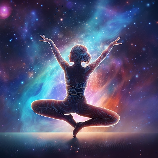 cosmic inspired digital art depicting yoga poses in outer space